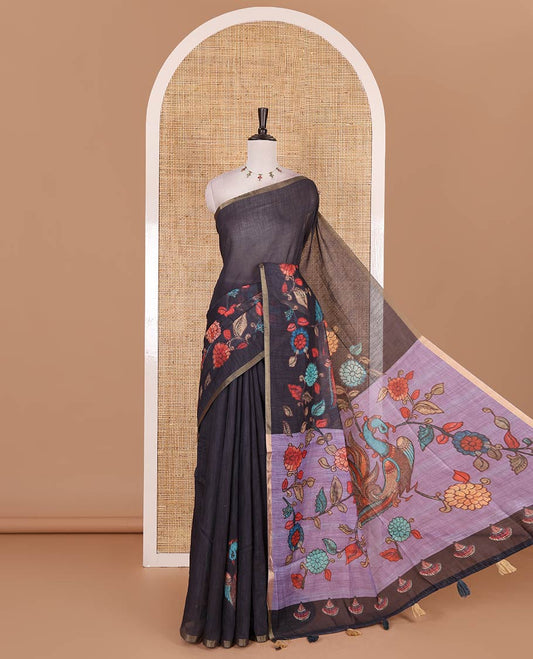 Black-lavender kalamkari floral vine, and peacock printed linen cotton saree, piping border, kalamkari printed pallu, and contrast striped pallu