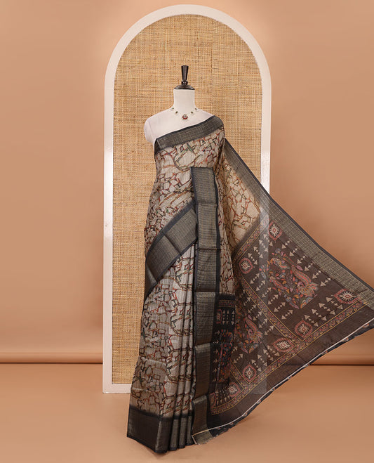 Chikku geometric abstract printed semi-jute saree, contrast geometric zari border, printed pallu, & black blouse of brid print & zari work