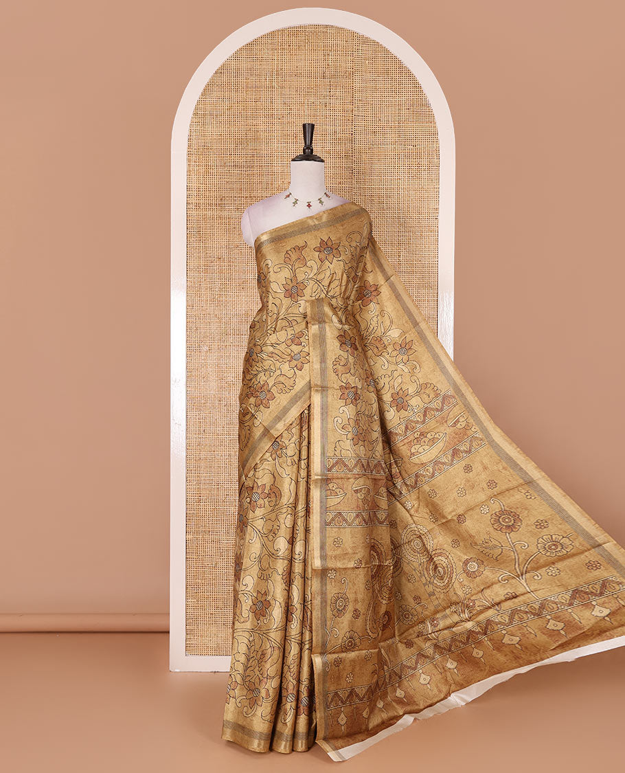 Mustard kalamkari style floral vine printed semi-tussar saree, gold zari piping border, printed pallu, and matching printed blouse