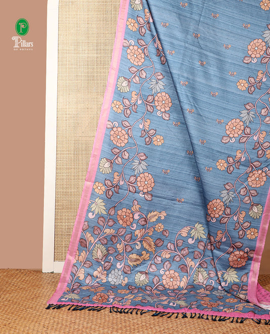 Blue floral digital printed semi tussar silk saree with kalamkari design border & kalamkari design pallu along with printed blouse