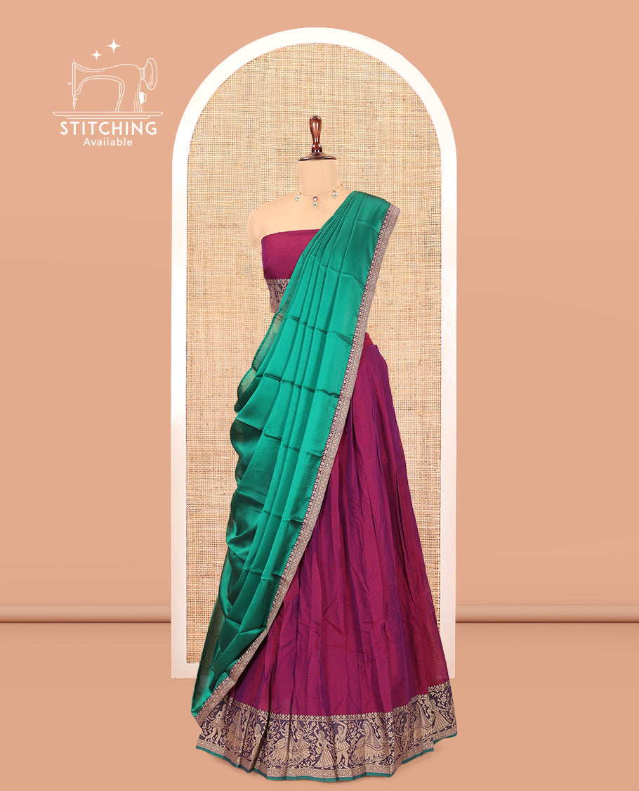 Dark Purple Mercerised Cotton Half-Saree Features a Plain Skirt, a Bridegroom Motif Border, a Matching Blouse, a Contrast Dhavani