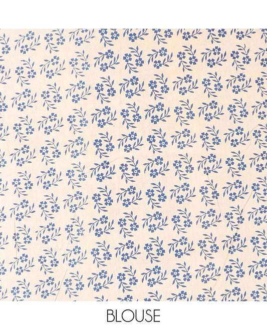 Blue Machine-Printed Kalamkari Cotton Saree, Elegantly Highlighted with Batik Geometric Prints on Its Body, Subtly Printed Border, Pallu of Geometric Print, and Paired with a Printed  Blouse