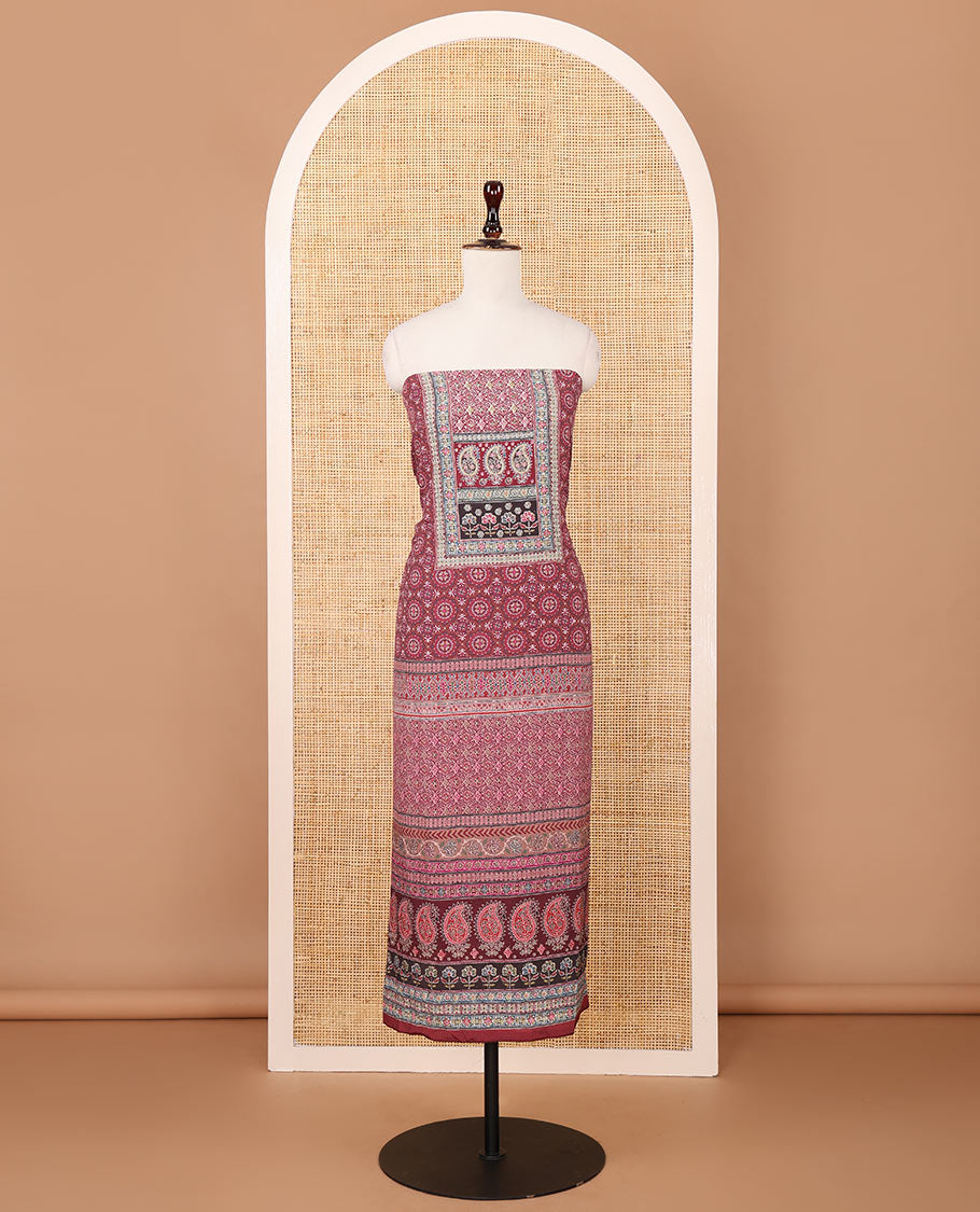 Wine crepe chudidar material set, ajrakh-print with daman floral design top, plain bottom & dupatta of bandhani dots & ajrakh-style print