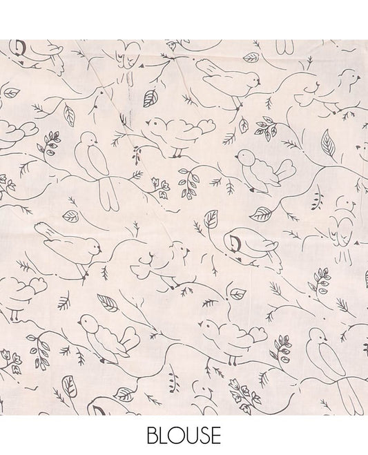 Black floral machine printed kalamkari cotton saree, self-border & animal motifs printed border