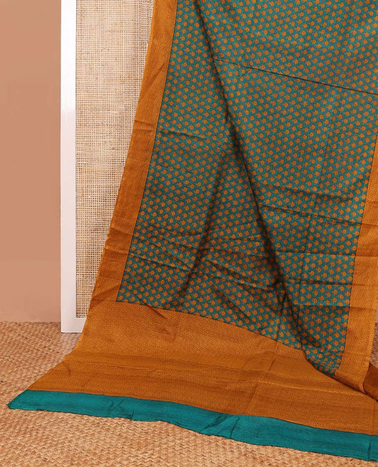 Blue floral design printed silk saree with contrast intricate design border & floral design pallu