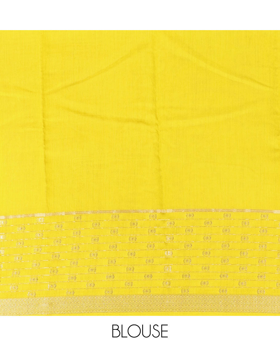 Yellow Plain Assam Silk Saree, Highlighted by a Traditional Zari Border, Zari-Striped Pallu, and a Matching Blouse