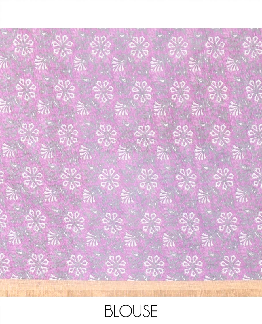 White-Violet Linen Cotton Saree, Bedecked with Shibori-Printed Body, Highlighted by Piping Border, Floral Printed Pallu, and a Contrast Blouse