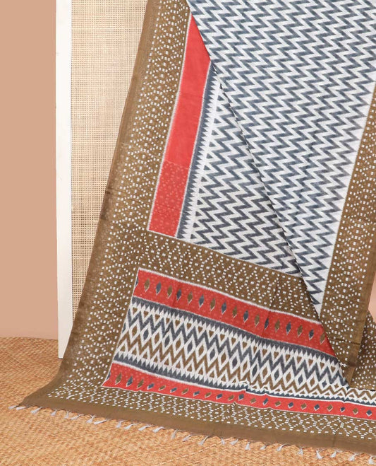 White chevron design mul mul cotton saree with contrast intricate design border & argyle design pallu