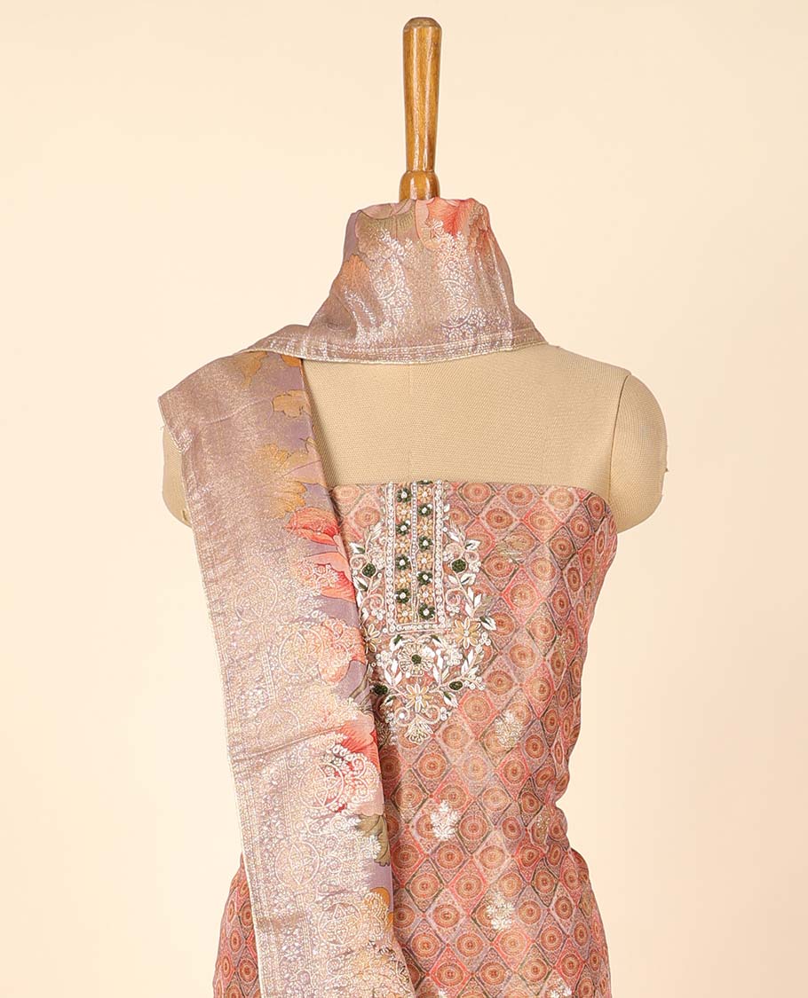 Pink material chudidhar set, jacquard & embroidered top, plain bottom & floral printed dupatta