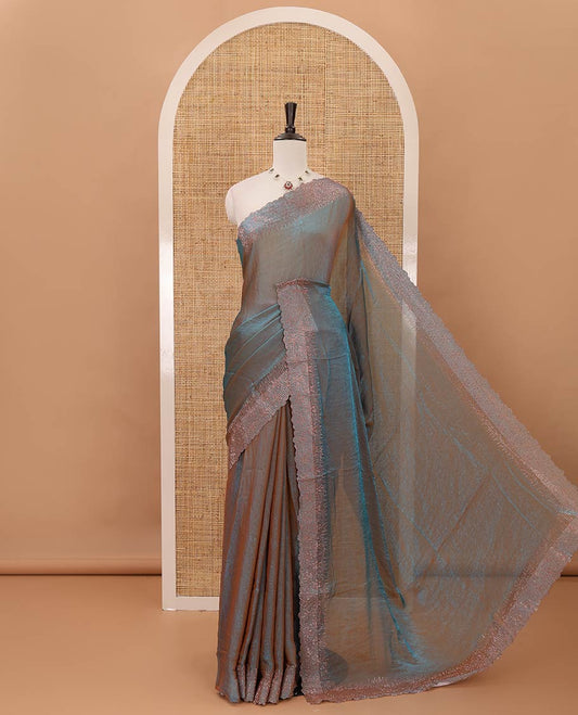 Ramar blue plain fendy-chiffon saree, scallop Swarovski copper stone work border & contrast Swarovski copper stonework blouse