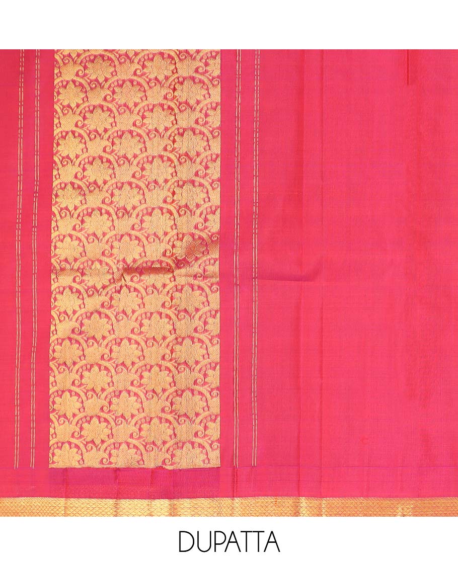 Blue round floral buttas pure silk half saree with contrast zari border,  contrast zari design blouse & plain with zari border dhavani