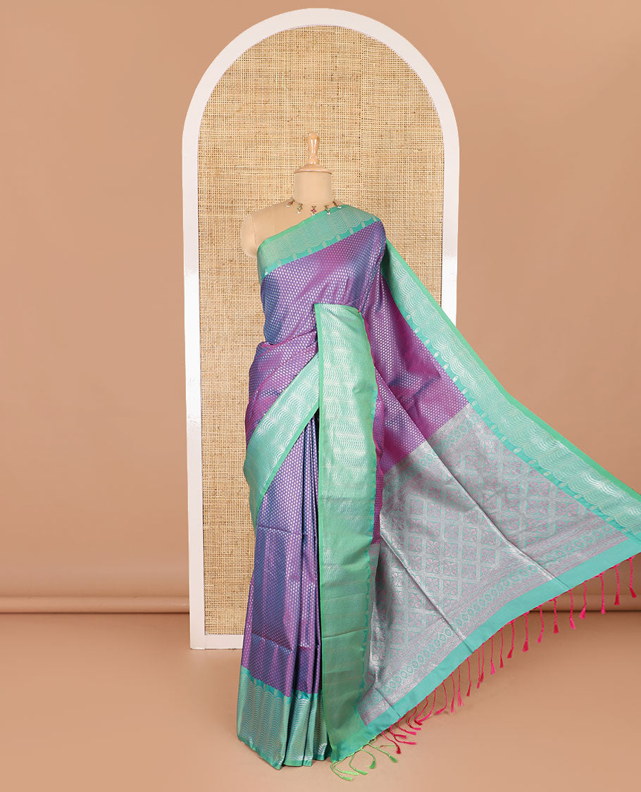 Violet small zari buttas woven elite soft silk saree, contrast zari woven scallop satin border, jaal pallu, and a contrast chakram zari motifs blouse