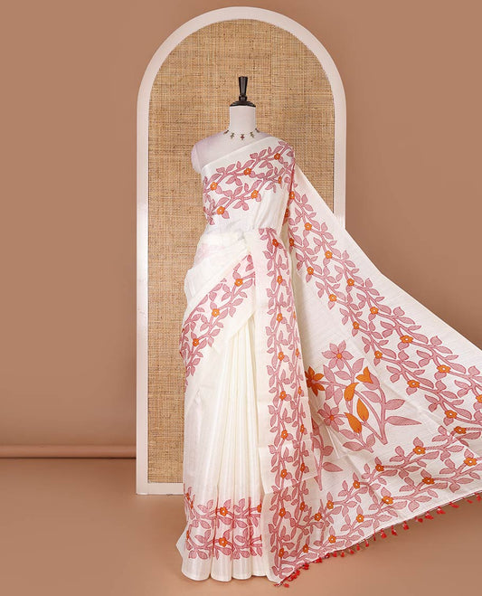 Cream-red full-plain khadi cotton saree, double-sided floral vine printed border, floral printed border, and drop butta printed blouse