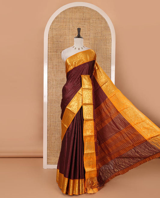Maroon zari checked semi-taffeta silk saree, contrast deer motifs zari woven border, striped pallu & contrast striped zari border blouse