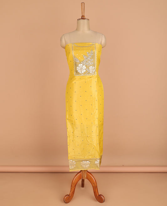 Yellow chudidhar material chanderi tissue neck weaving thread, floral butta top with satin cotton pants & chanderi tissue zari weaving dupatta
