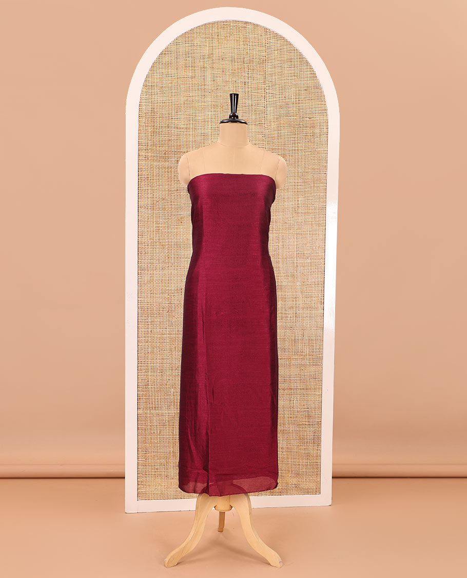 Magenta material chudidar set, plain Vichitra silk top, santoon bottom, and dupatta of Ajrakh print and mirror work