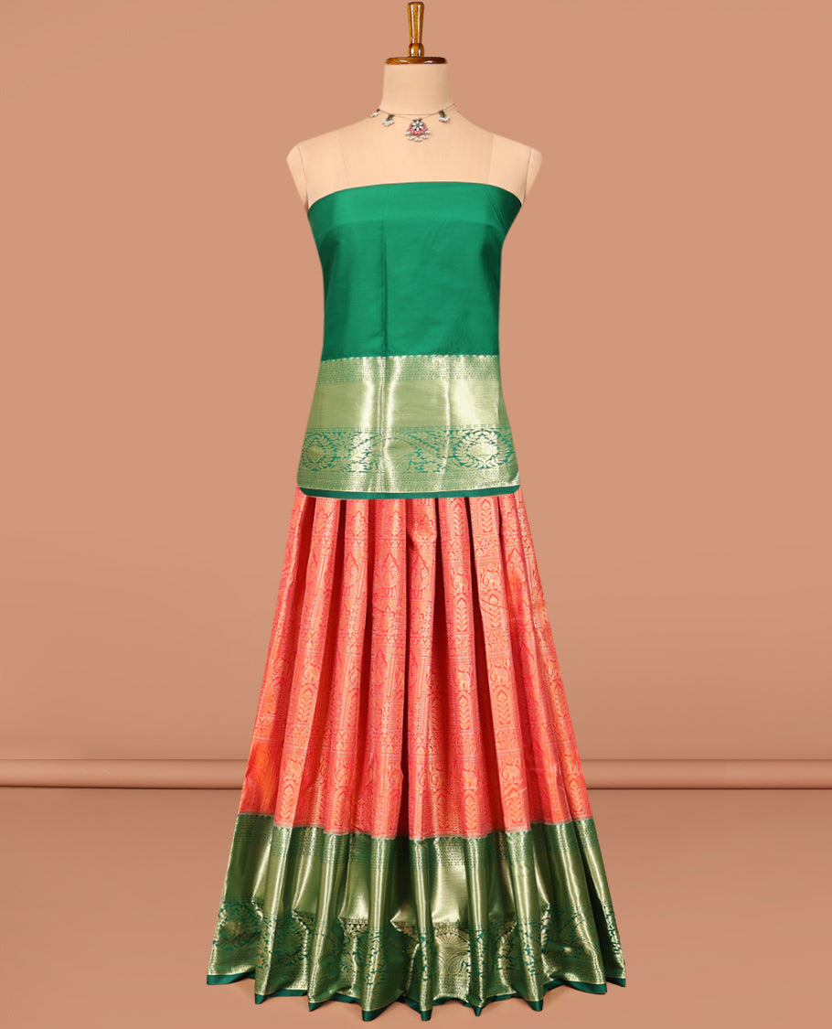 Orange Art Silk Material Half Saree Set, Accentuated with Jacquard Skirt, a Contrast Traditional Zari Design Border, Contrast Blouse, and Zari Designs Dhavani