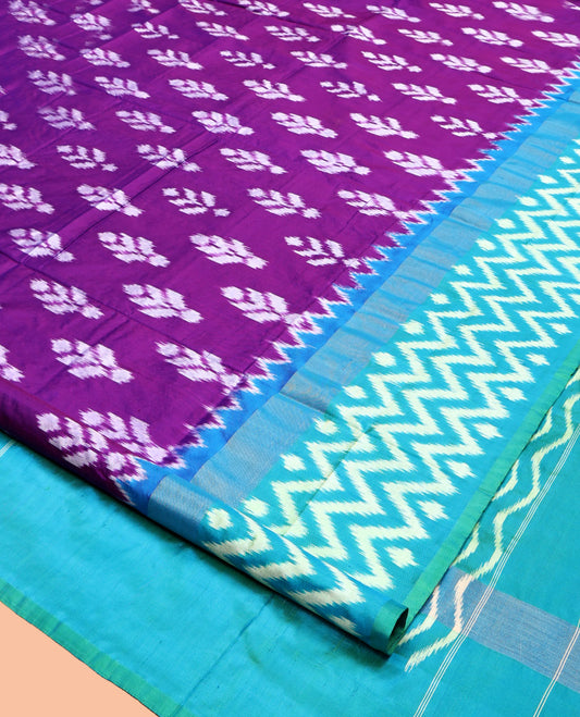 Purple Pochampally Ikat Silk Saree, Embellished with Ikat Buttas, Complemented by a Contrast Chevron-Striped Border, Ikat Chevron Pallu, and a Contrast Blouse