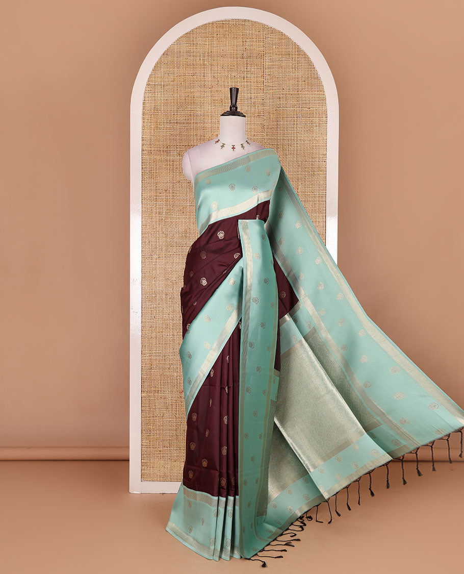 Maroon zari buttas soft silk saree, contrast zari design border, intricate jaal pallu, and contrast zari design blouse