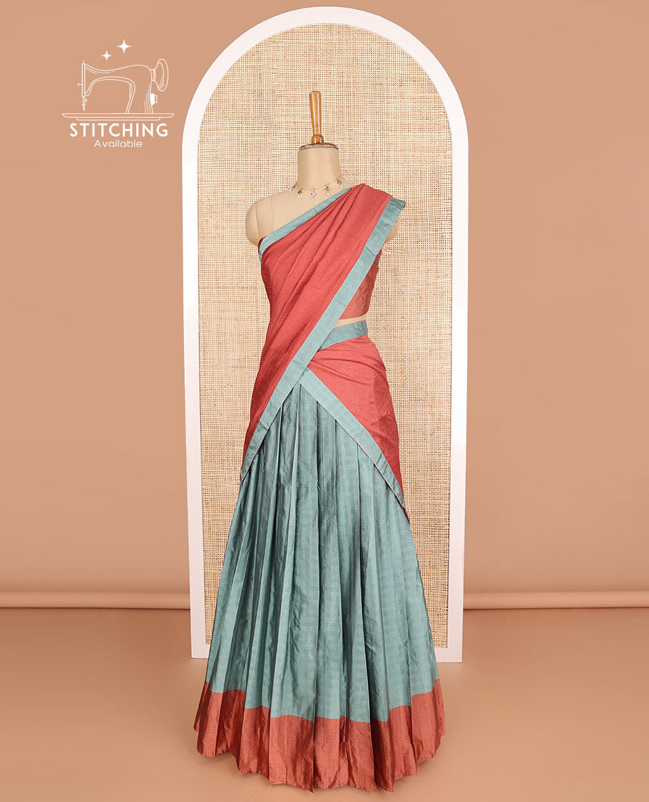 Blue checked design poly-cotton half saree with contrast border, plain blouse & plain, geometric design border dhavani