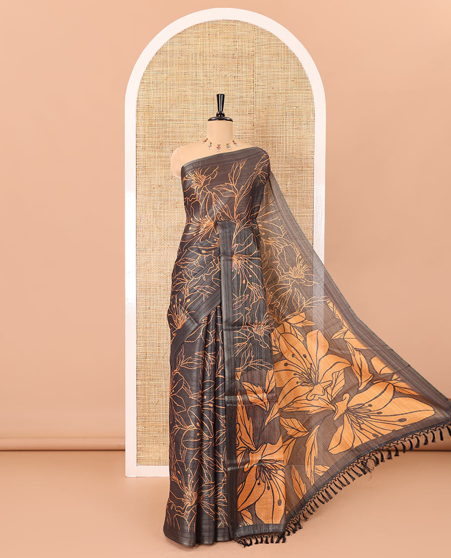 Borderless black big floral motifs printed tissue silk saree with floral printed pallu, and a contrast plain blouse