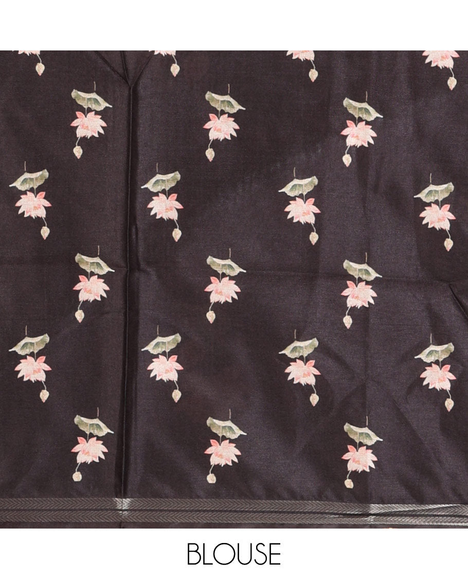 Black pichwai print muslin cotton saree with zari piping border & pichwai printed pallu along with lotus flower printed blouse