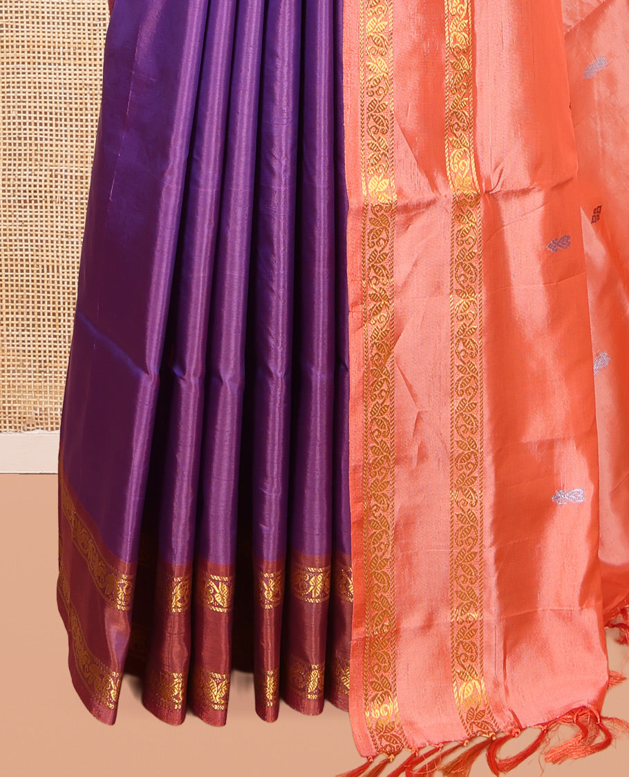 Purple Banana Pith Saree, Woven with Buttas, a Contrast Rettai Pettu Floral Design Border, Pallu of Buttas, and a Contrast Blouse