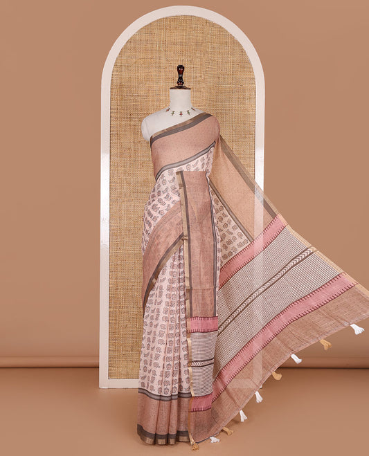 Peach cute elephant motifs printed linen cotton saree, contrast chevron border, pallu of stripes and chevron, and contrast printed blouse