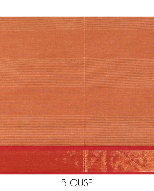 Orange striped Coimbatore cotton saree with buttas, zari border & floral design pallu