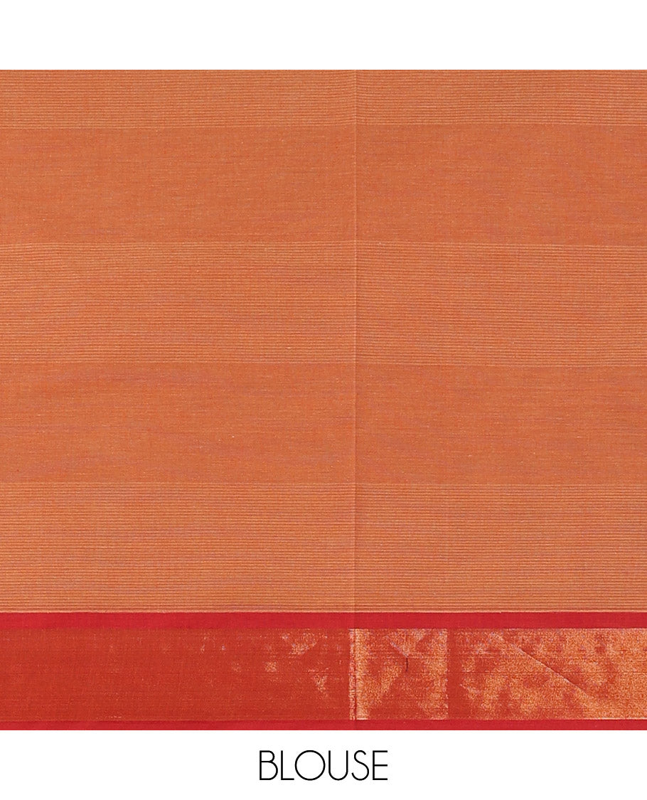 Brown striped Coimbatore cotton saree with buttas, zari border & floral design pallu