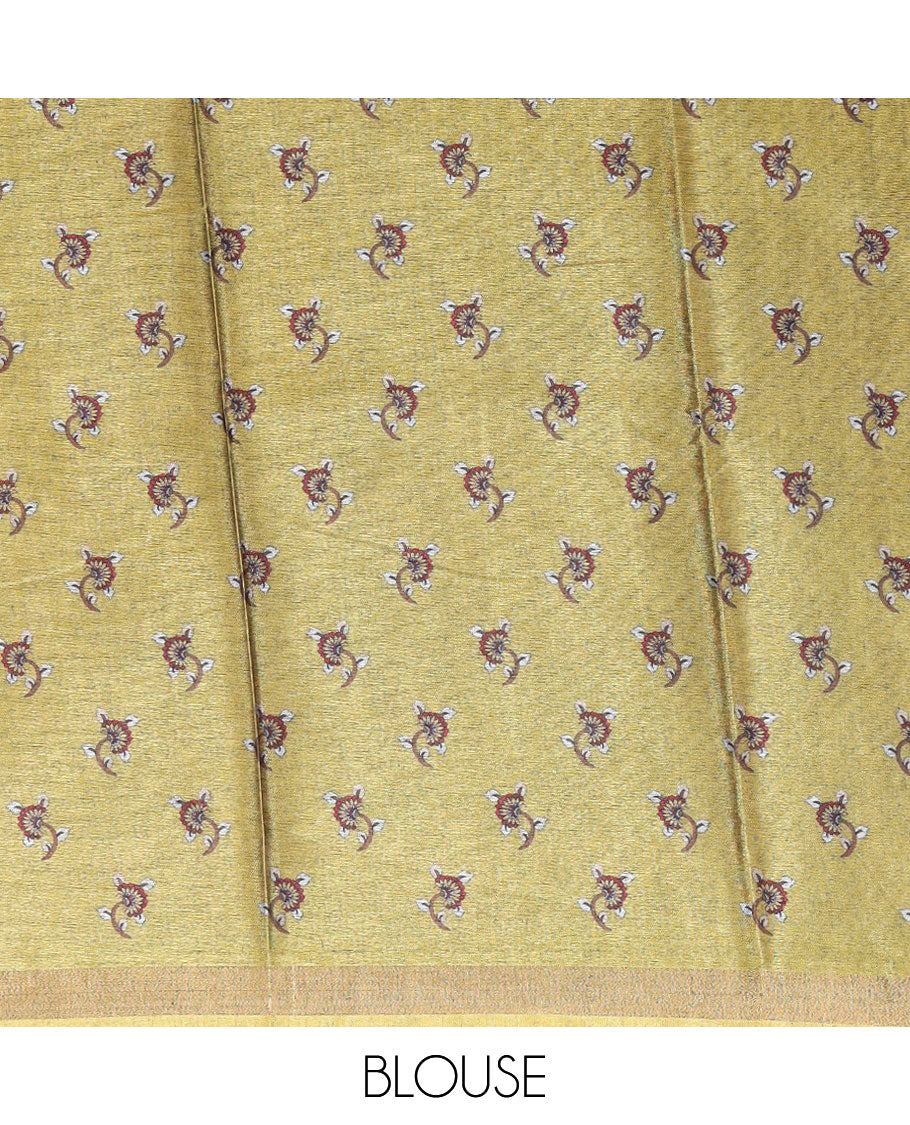 Cherry red kalamkari flora-fauna printed kadhi linen saree,contrast zari piping & floral print border,kalamkari peacock pallu & printed blouse