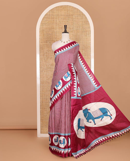 Cream-purple vertically striped khadi cotton saree, contrast Pichwai cow printed temple border, Pichwai cow print pallu, and jaal printed blouse