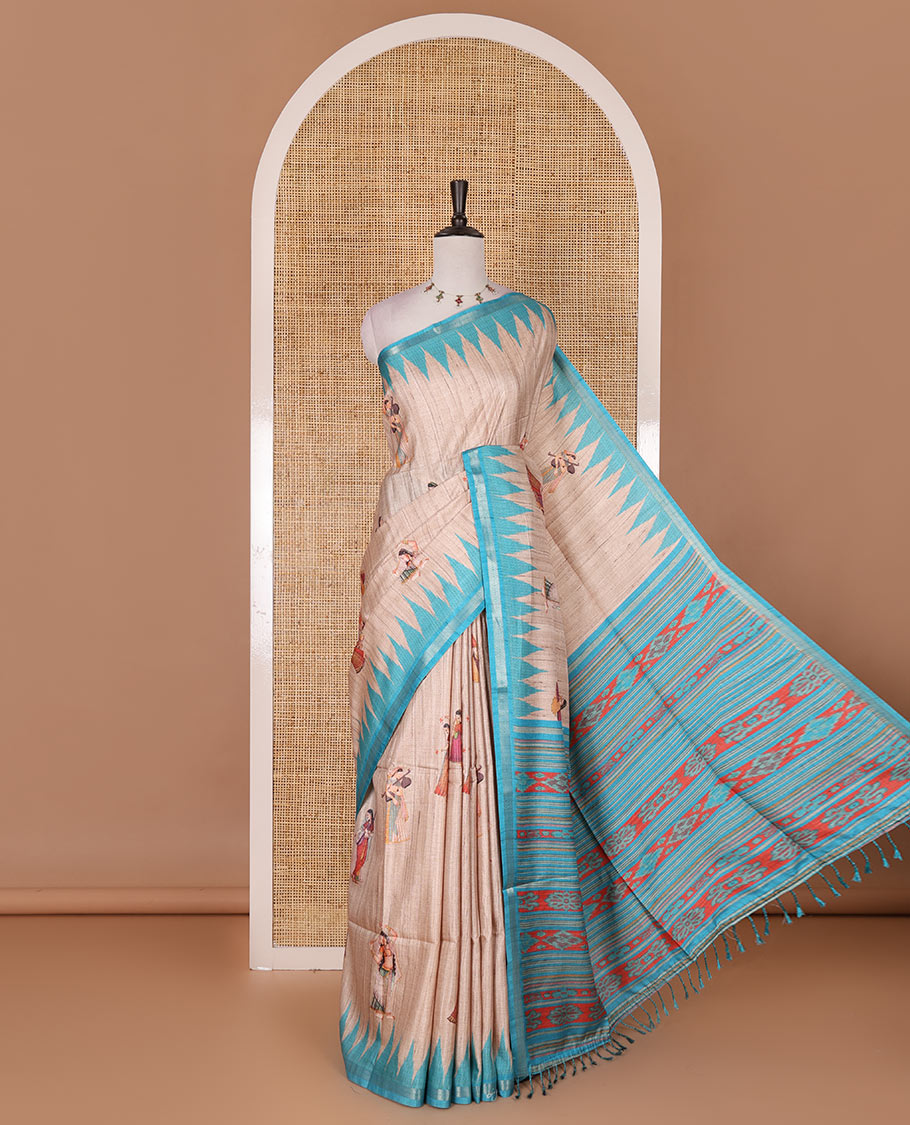 Chikku and blue  Radha motifs printed katan silk saree, contrast temple border, ikkat motifs woven pallu, and contrast printed pallu