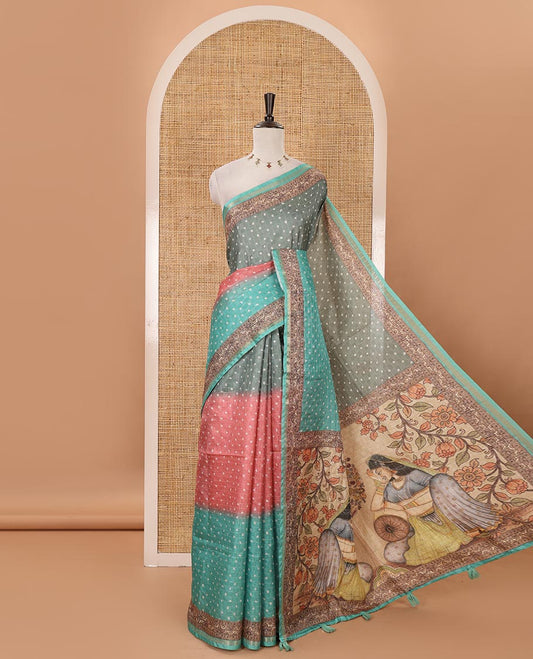 Rama green3D-dying with bandhani printed design kota saree , self printed border , radhe and kalamkari style printed pallu & contrast printed blouse