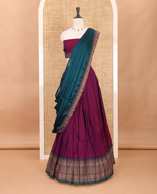 Purple with green cotton half saree with contrast elephant design border,elephant design blouse & zari design border dhavani