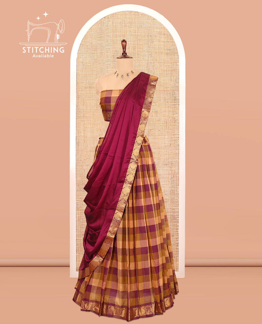 Multi-Color Checked Chettinad Cotton Half-Saree Showcasing a Zari Border, Matching Blouse, Contrast Dhavani