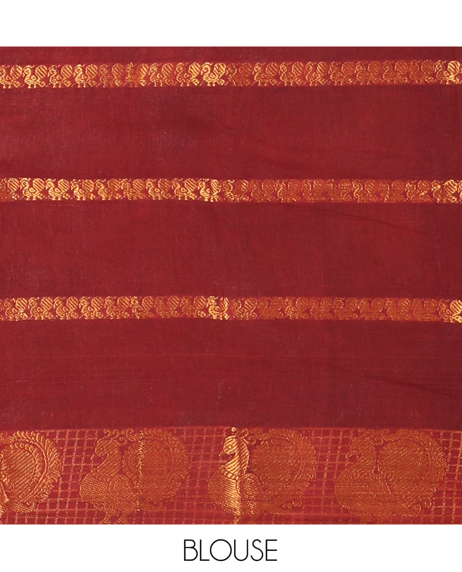 Mustard Peacock Buttas Sungudi Cotton Saree, Contrast Checked Peacock Border, Contrast Blouse