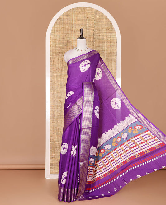 Violet shibori printed dola silk saree, traditional zari border, printed pallu, and blouse of print, and zari work