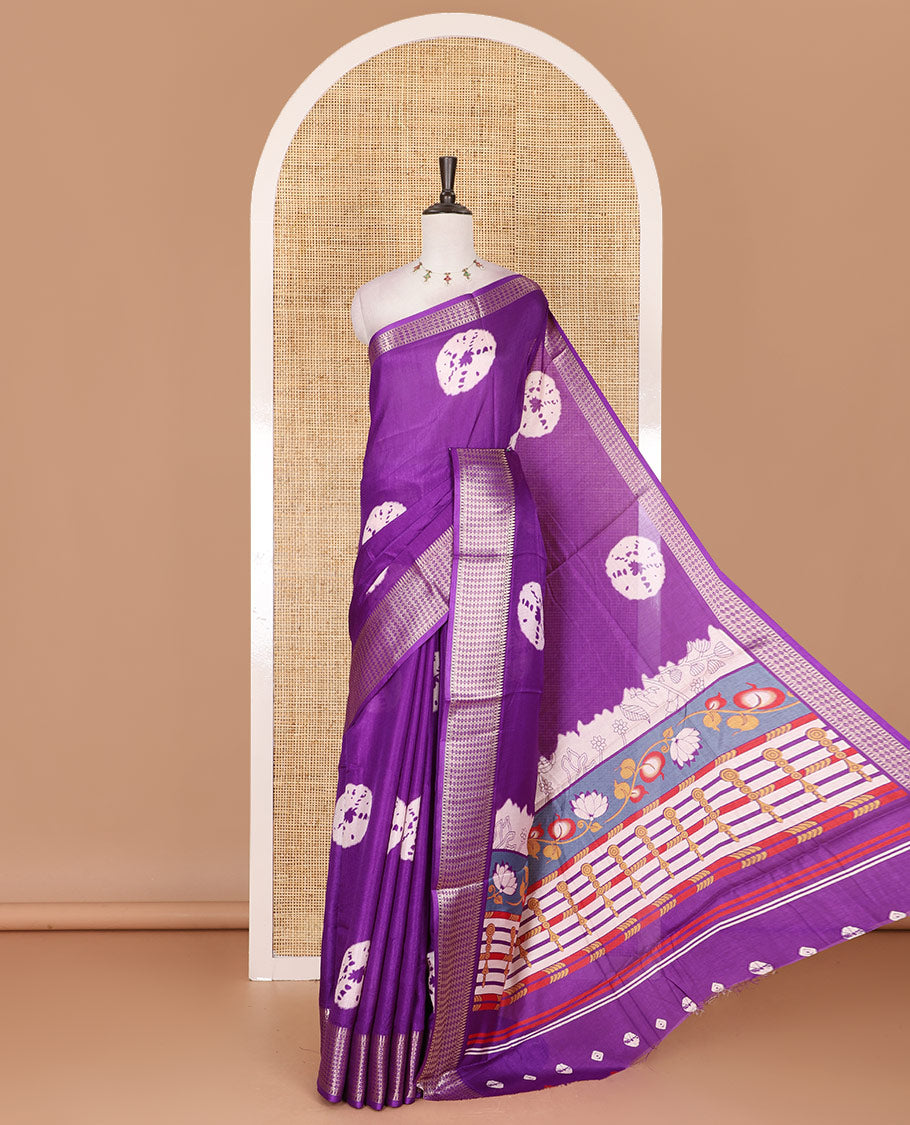 Violet shibori printed dola silk saree, traditional zari border, printed pallu, and blouse of print, and zari work