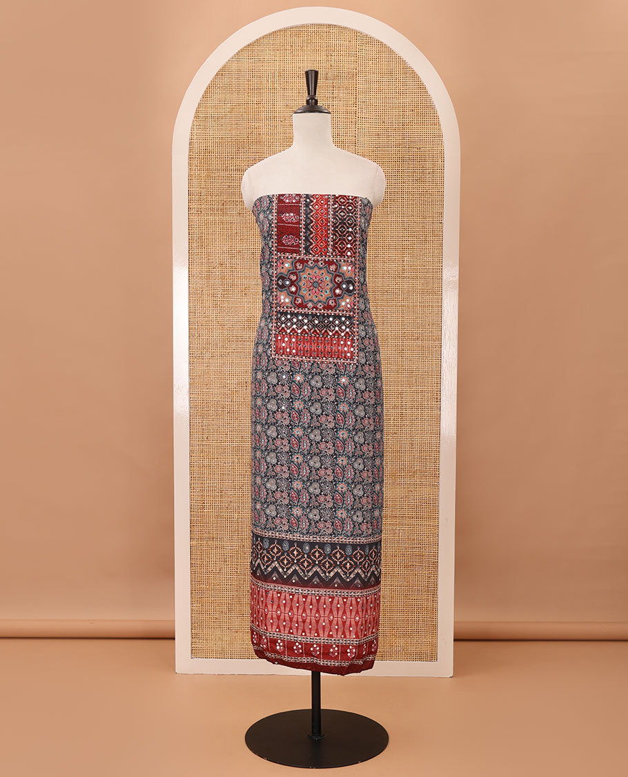 Black & red material chudidar set, Arjrakh print & mirror work Masakali crepe top,santoon bottom & Arjrakh print & mirrorwork chinon dupatta