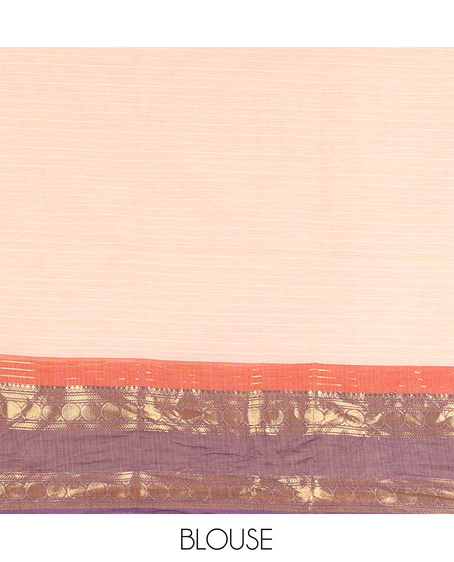Chikku Striped Chettinad Cotton Saree, Complemented by a Contrast Traditional Rettai Pettu Border, Striped Pallu, and a Matching Blouse