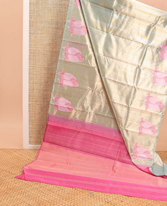 Light blue striped kanchipuram designer silk saree with self bird design border & zari design pallu