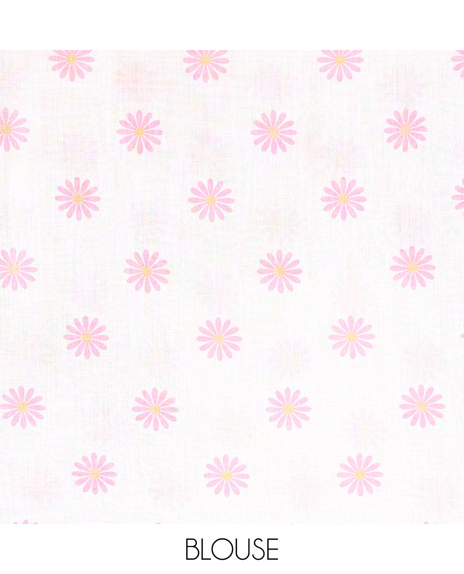 Borderless Baby Pink Linen Saree Beautified with Big Daisy Flower Motifs Printed All Over the Body and Pallu, Complemented by a Contrast Blouse Printed with Daisy Flower Motifs