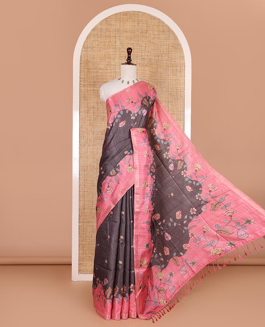 Grey floral motifs printed katan silk saree, contrast scallop floral printed with piping zari border, and contrast buttas blouse