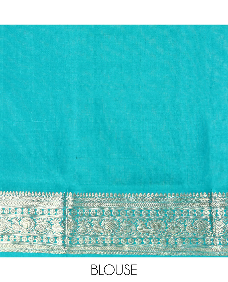 Blue Venkatagiri Silk Saree, Gleamed Up with Zari Butta Enclosed Checks All Over Its Body, Complemented by a Contrast Traditional Zari Design Border, Pallu of Traditional Designs, and Paired with a Contrast Blouse