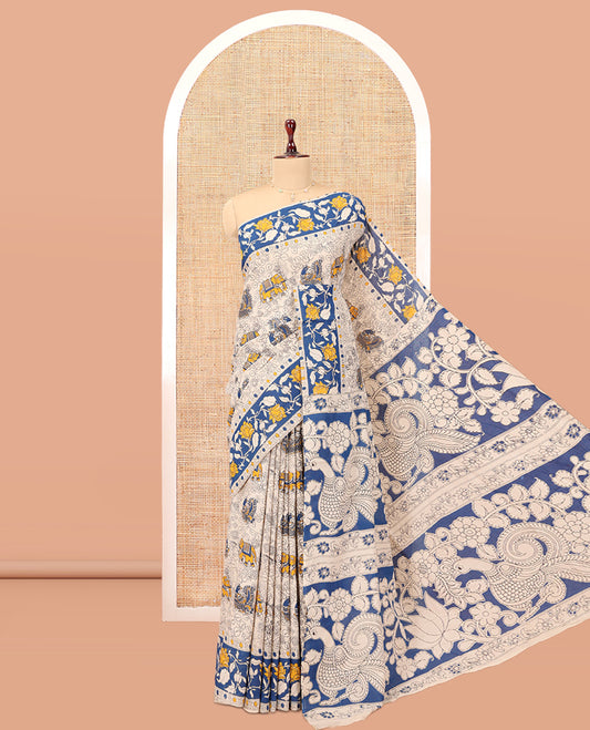 Blue-Grey Kalamkari Cotton Saree, Embellished with Intricate Print, Complemented By Printed Border, Kalamkari Peacock Pallu, and a Matching Blouse