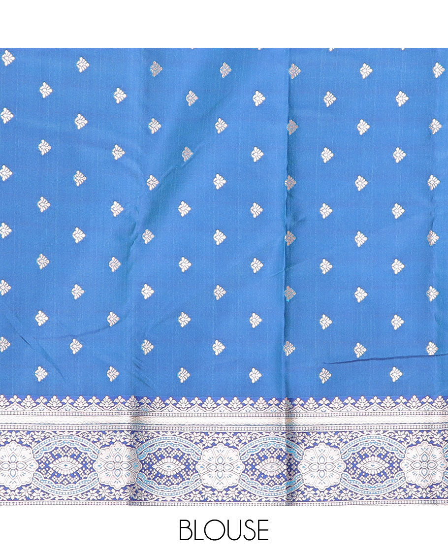 Dark blue floral jaal design butter silk saree with contrast floral zari design border & floral design pallu