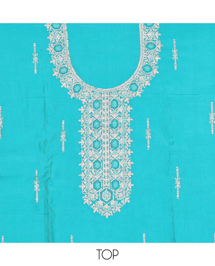 Blue chudidhar material set floral thread embroidery, plain bottom & floral thread embroidered dupatta
