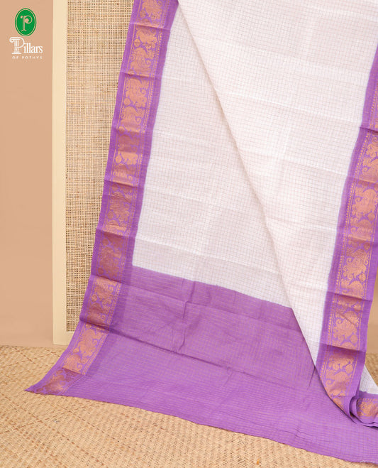 white with violet gold zari checks sungudi cotton saree, contrast jacquard border & chit lining pallu along with checked design blouse