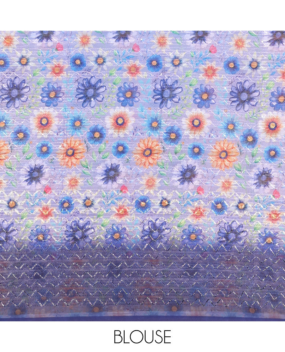 Borderless navy blue sparkling glitter russel net saree with self-pallu, and a contrast floral printed and zig-zag patterned blouse